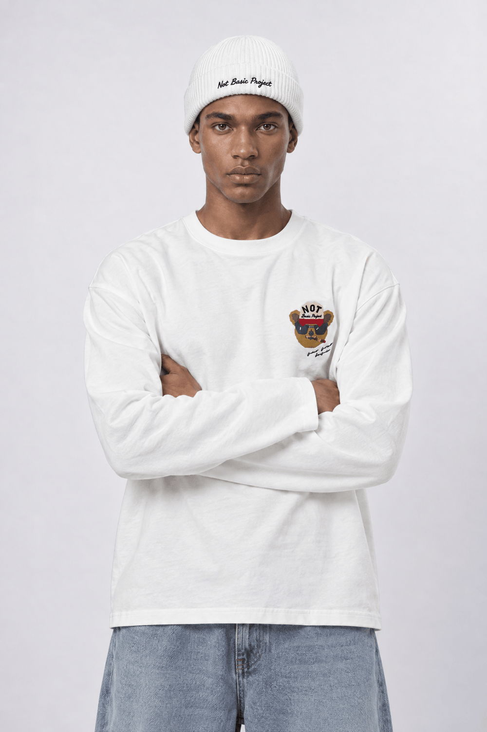 Erkek Teddy Baskılı Oversize Long Sleeve Ekru