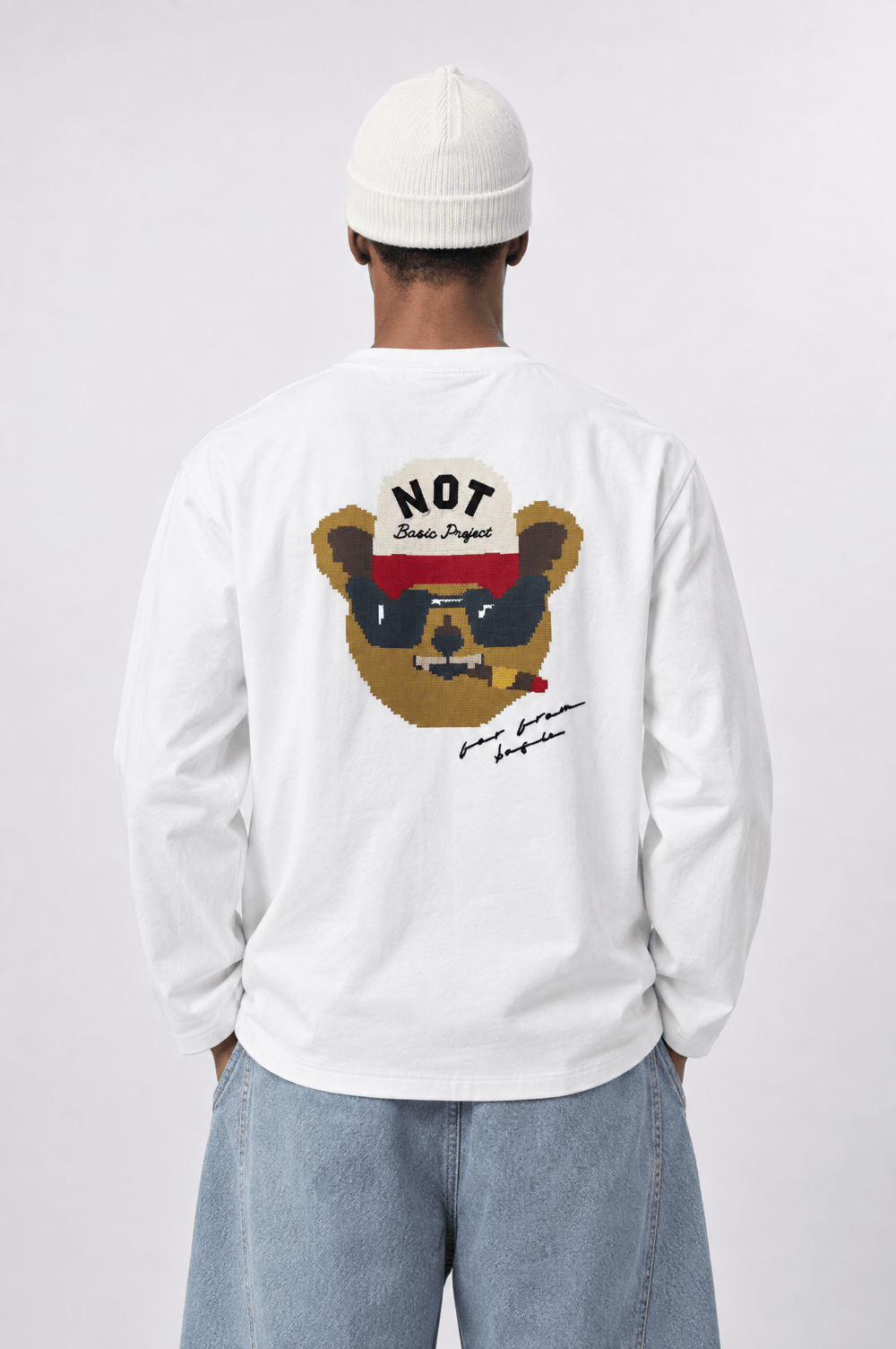 Erkek Teddy Baskılı Oversize Long Sleeve Ekru