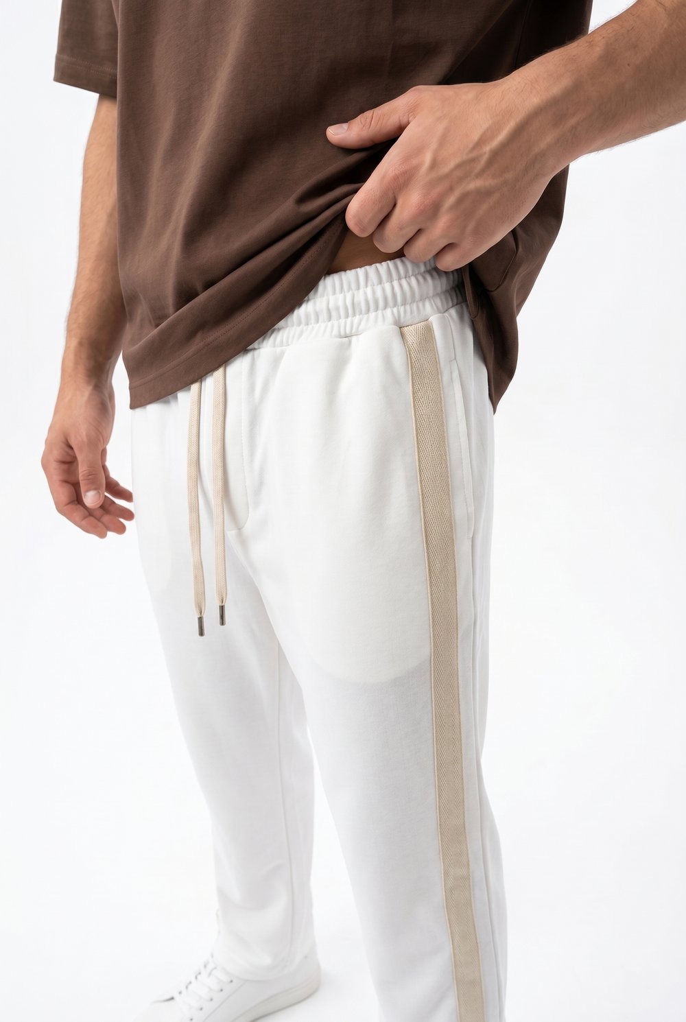 Erkek Tek Şerit Detaylı Baggy Eşofman Altı Ekru