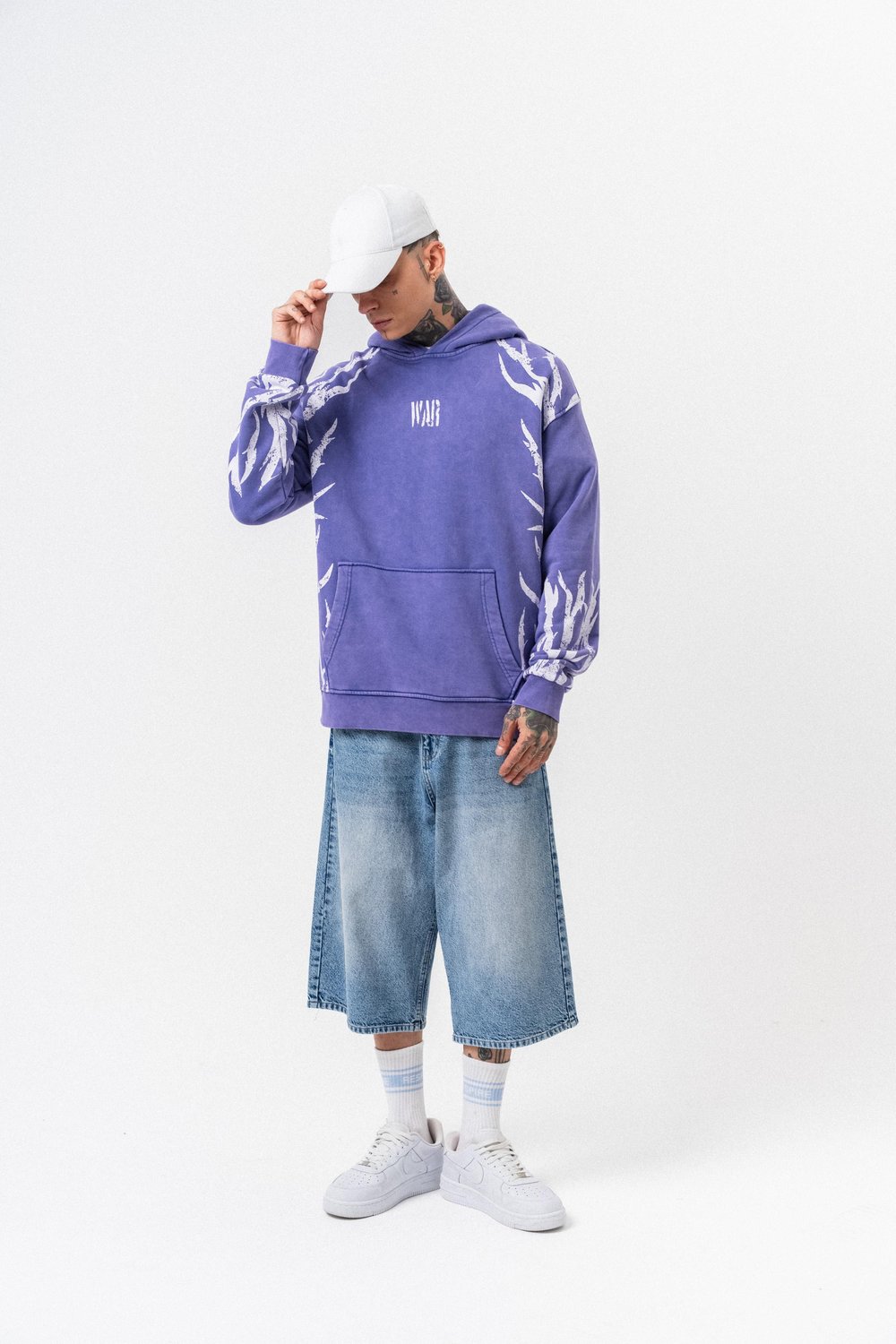 Erkek War Baskılı Yıkamalı Kapüşonlu Oversize Hoodie Mor