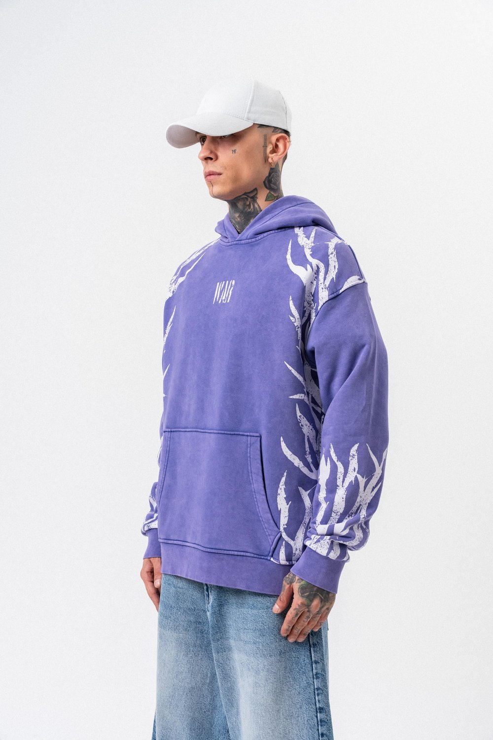 Erkek War Baskılı Yıkamalı Kapüşonlu Oversize Hoodie Mor