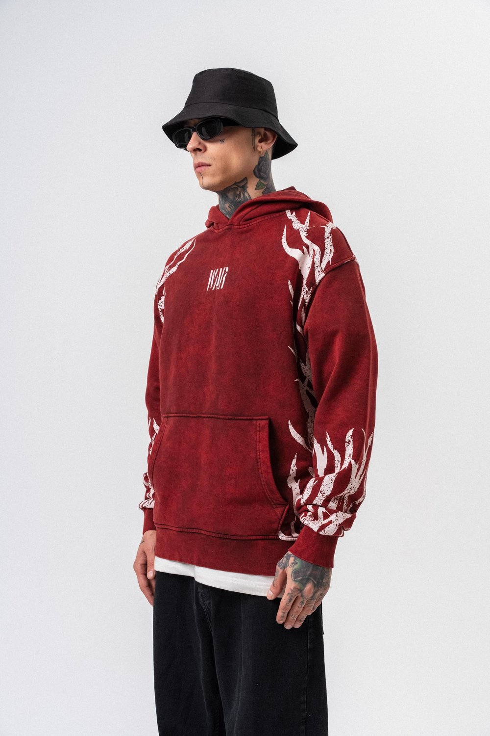 Erkek War Baskılı Yıkamalı Kapüşonlu Oversize Hoodie Bordo