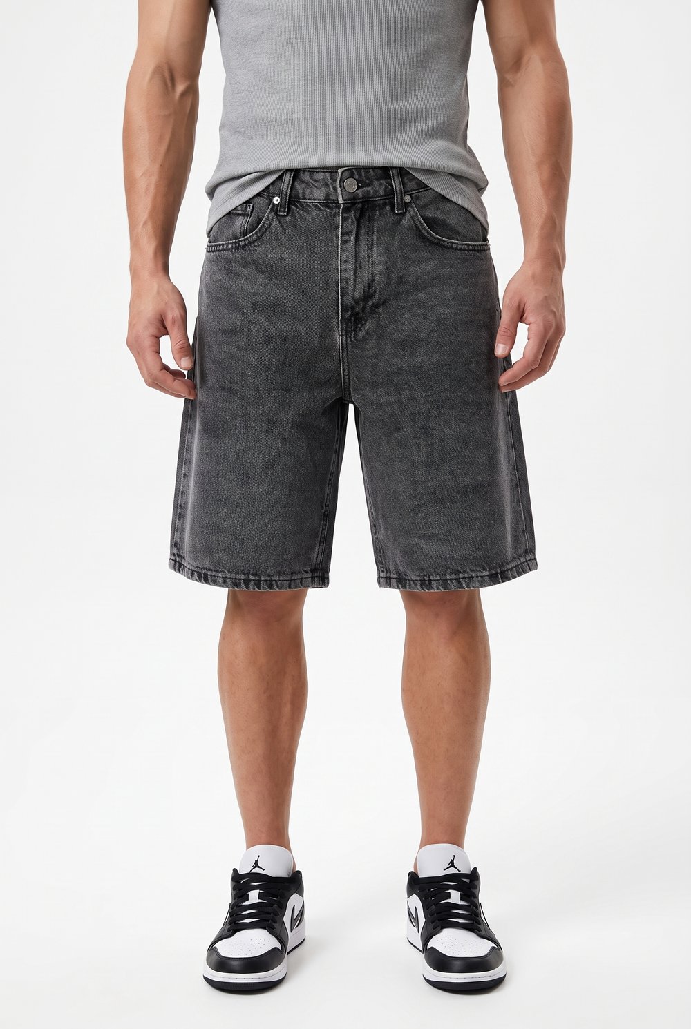 Erkek Washed Jean Şort Siyah