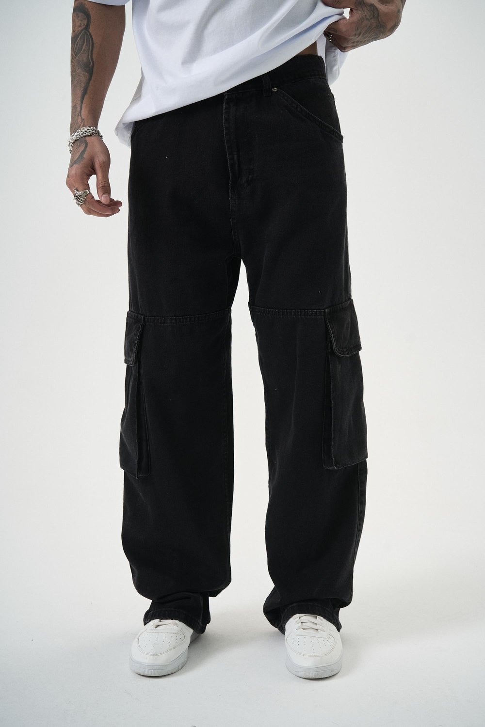 Erkek Washed Paraşüt Kargo Baggy Pantolon Siyah