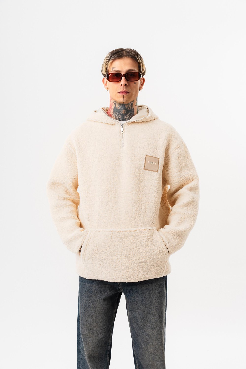 Erkek Yarım Fermuarlı Kapüşonlu Oversize Peluş Hoodie Ekru
