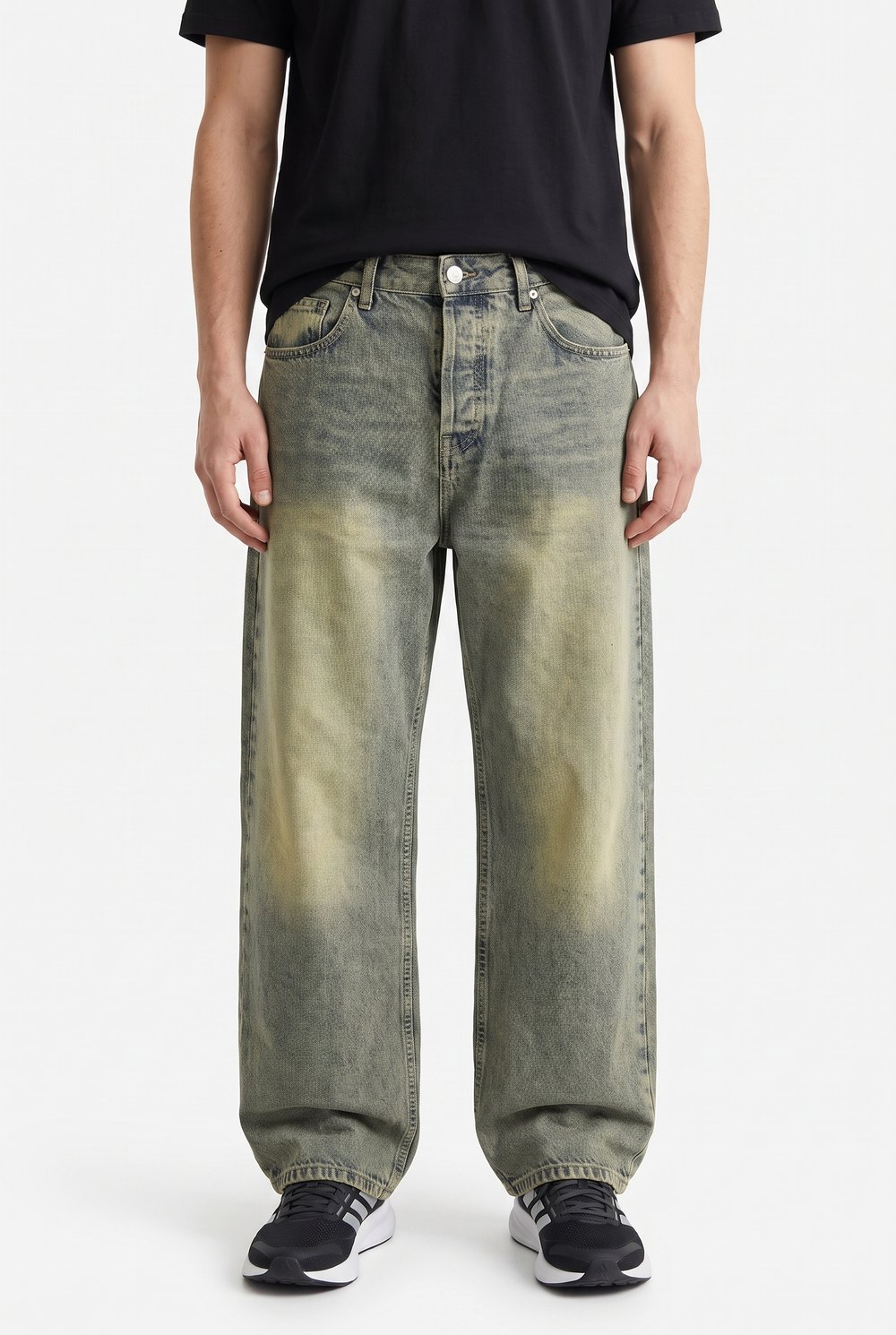 Erkek Yıkama Detaylı Baggy Jean Bej