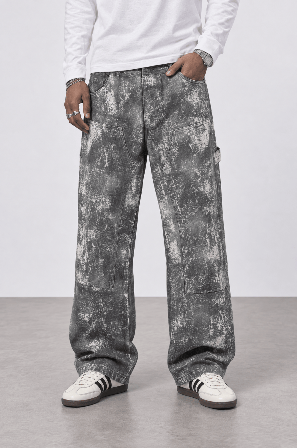 Erkek Yıkamalı Carpenter Baggy Jean Gri