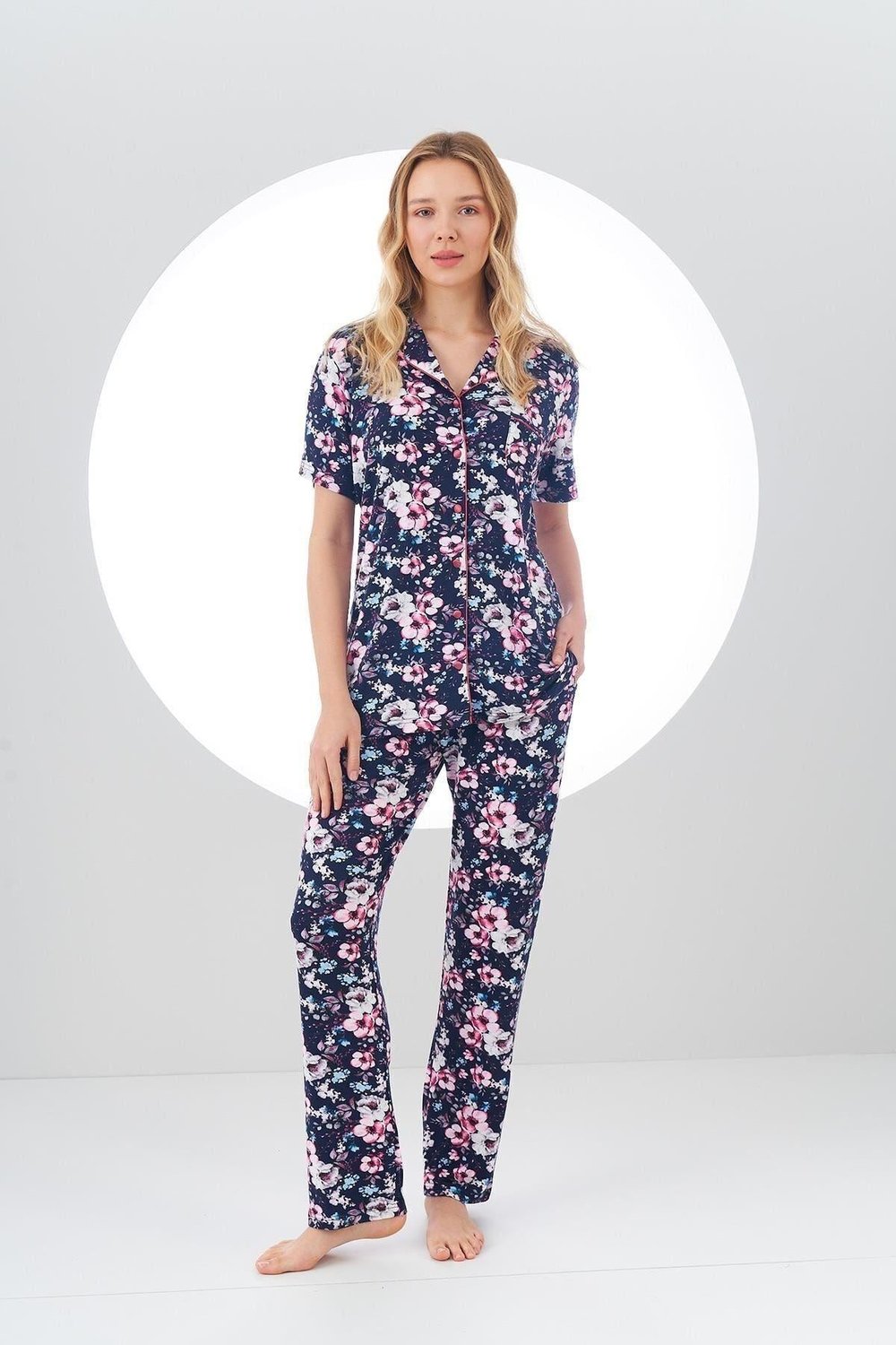24107 Kadın Desenli Düğmeli Pijama Takım