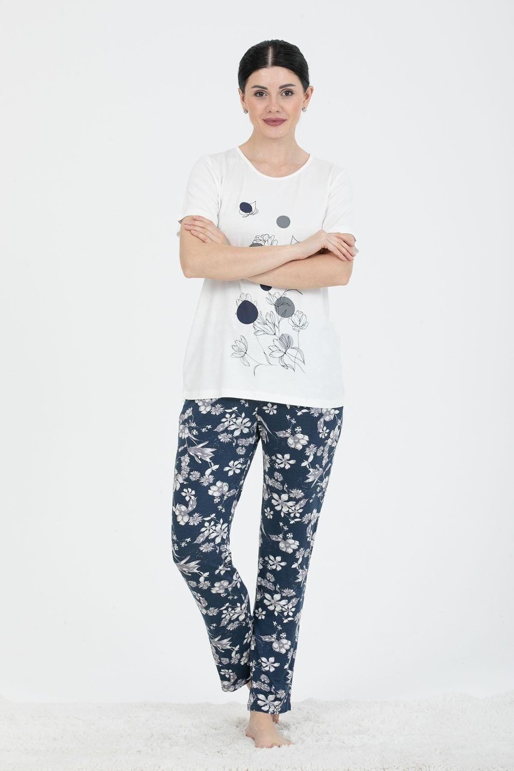 24227 Kadın Lacivert Gri Çiçek Desenli Kısa Kollu Pijama Takım