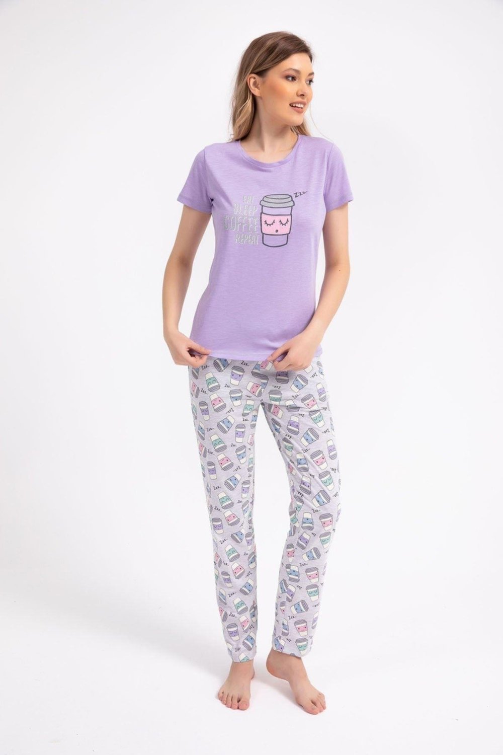 Büyük Beden Kadın Pijama Lila Renk Takım Süprem Kumaş