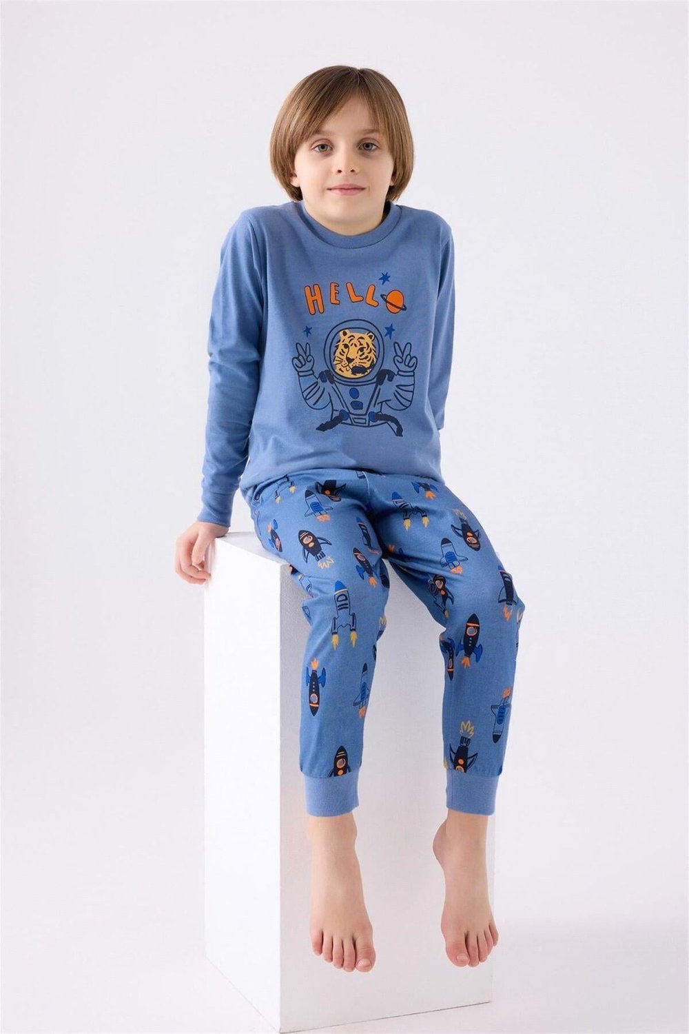 Erkek Çocuk Mavi Uzun Kol Pijama Takım
