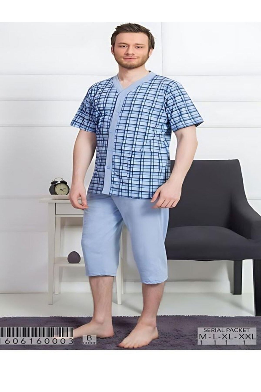 Erkek Komple Düğmeli Capri Pijama Takım