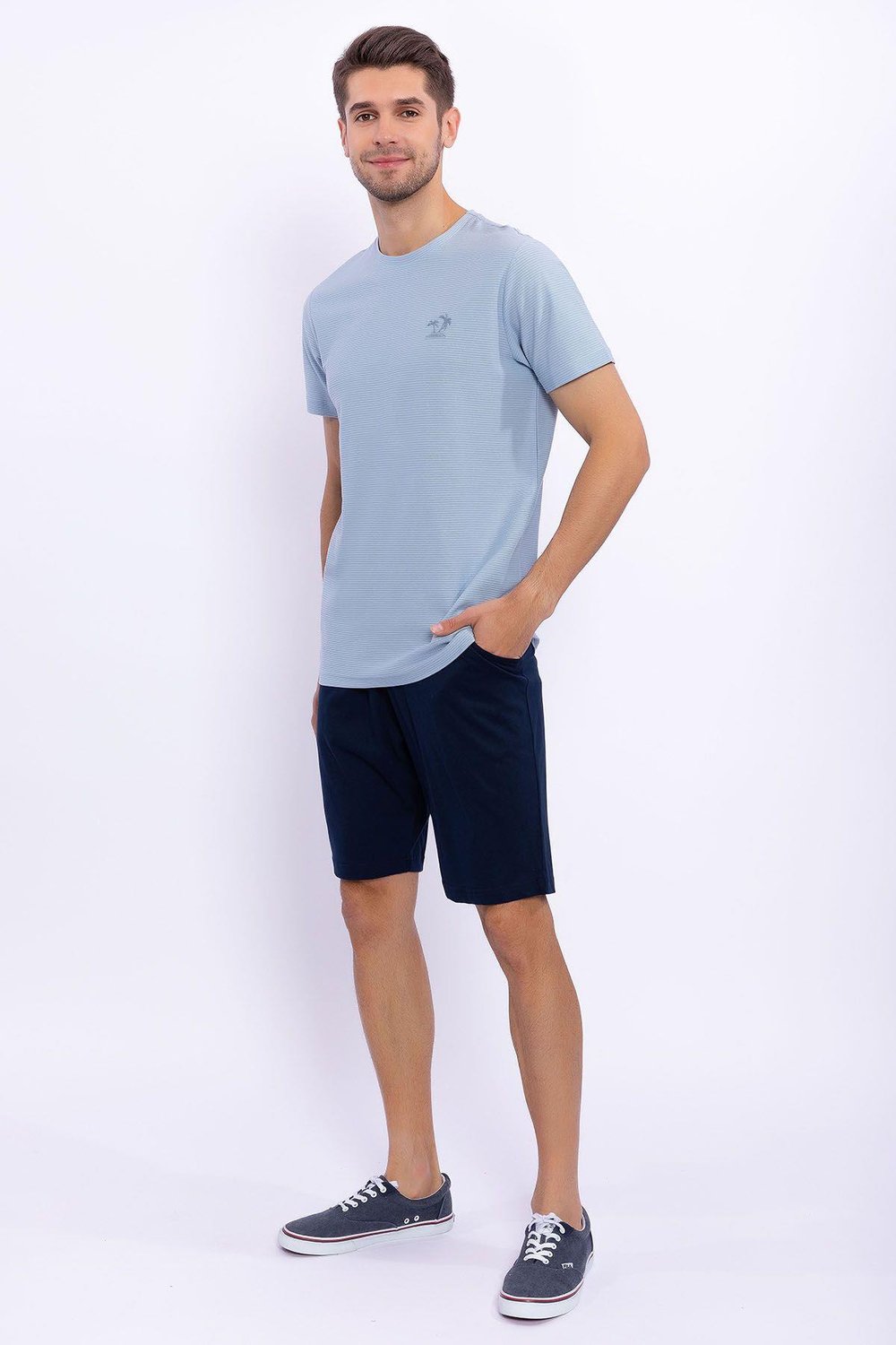 Gök Mavi Erkek Slim Fit Bermuda Takım