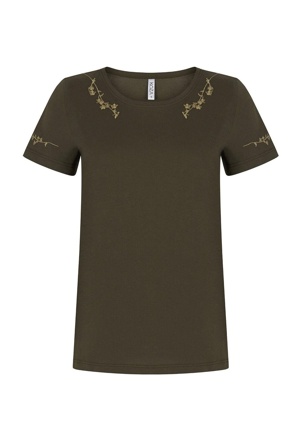 Kadın Çiçek Nakışlı Haki Rengi T-shirt 21091
