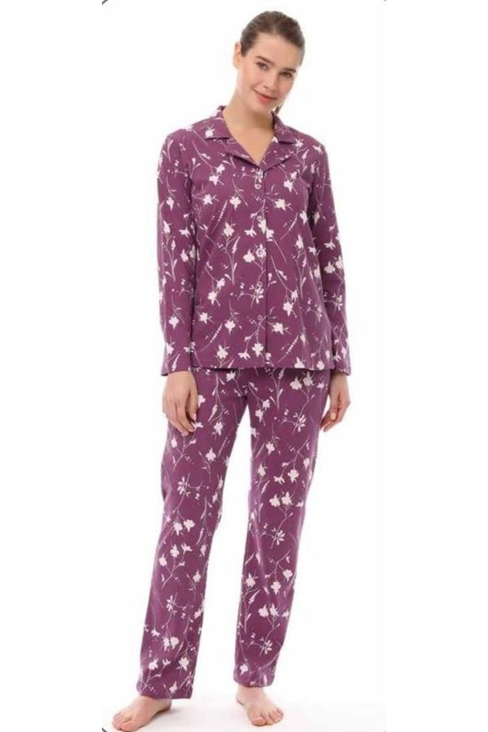 Pijadore Kadın Lila Düğmeli Pamuklu Uzun Kollu Pijama Takımı 1546