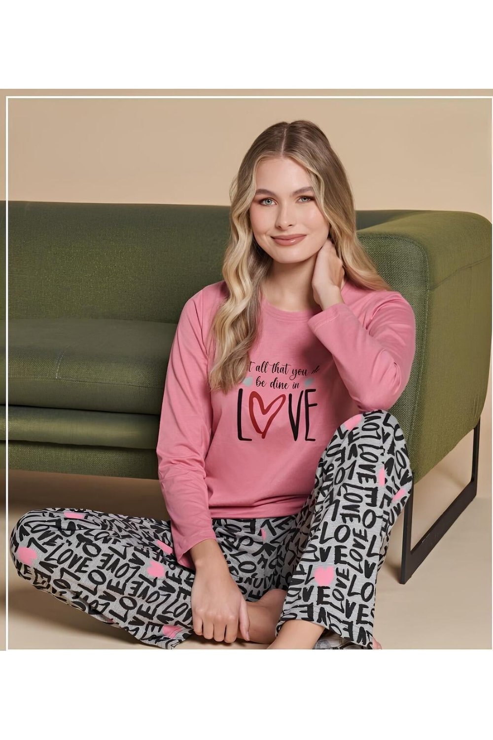 Sıfır Yaka Uzun Kollu Kadın Pijama Takımı