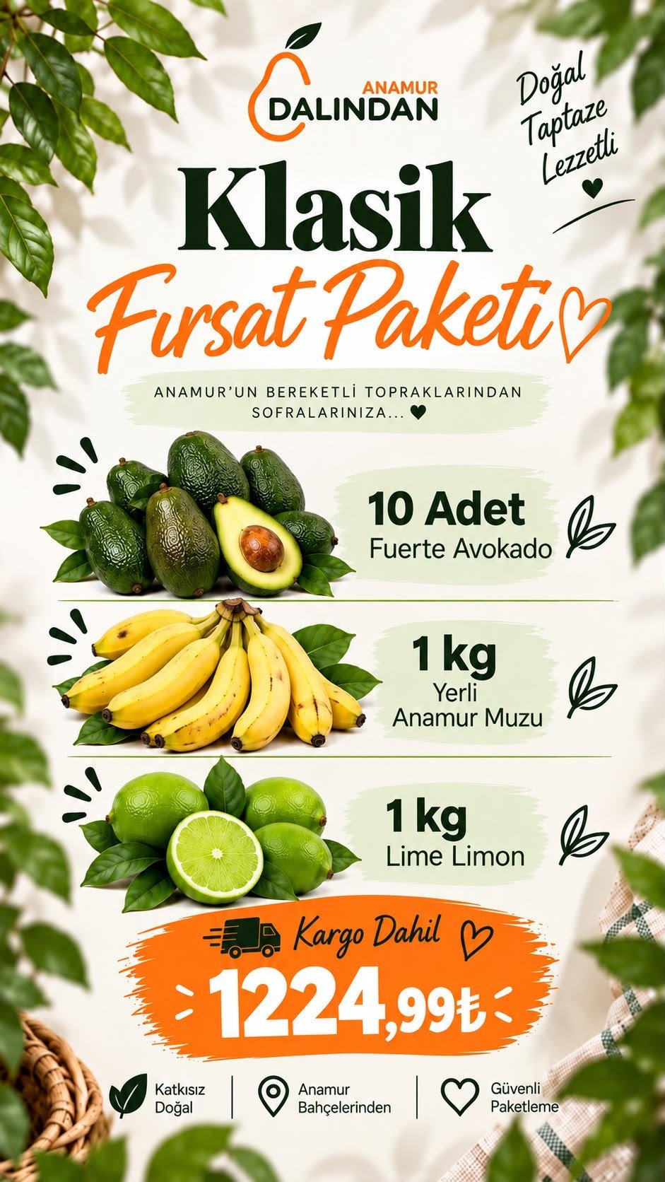 Klasik Fırsat Paketi ( 10 Adet Fuerte Avokado , 1 kg Lime Limon , 1 kg Anamur Muzu) 