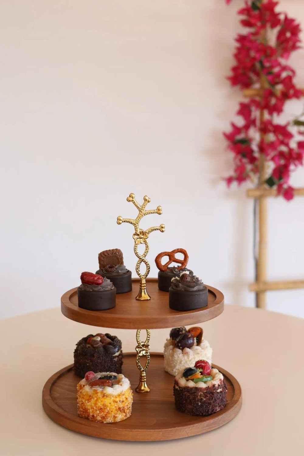 2 Katlı 21/25 Cm Gold Çiçekli Ahşap Kek Sunum Standı, Servis Sunum Tabağı, İkramlık