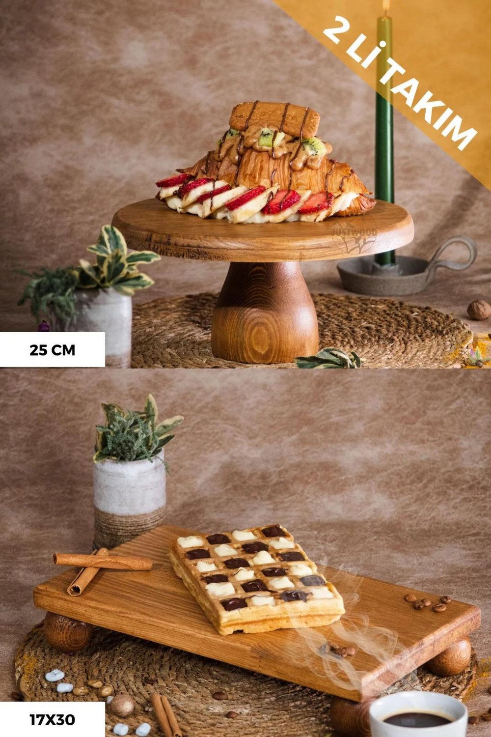 2 Li 25/10 Lucca Ve 17x30 Cm Risus Ahşap Dikdörtgen Pasta Sunum Servis Tabağı Seti