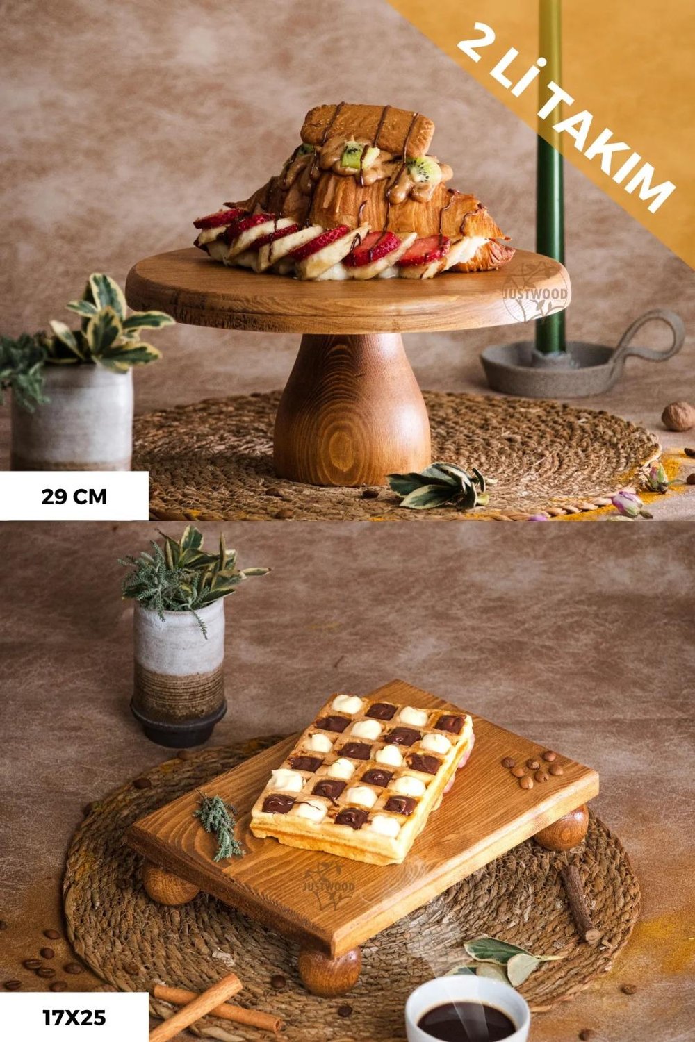 2 Li 29/12 Lucca Ve 17x25 Cm Risus Ahşap Dikdörtgen Pasta Sunum Servis Tabağı Seti