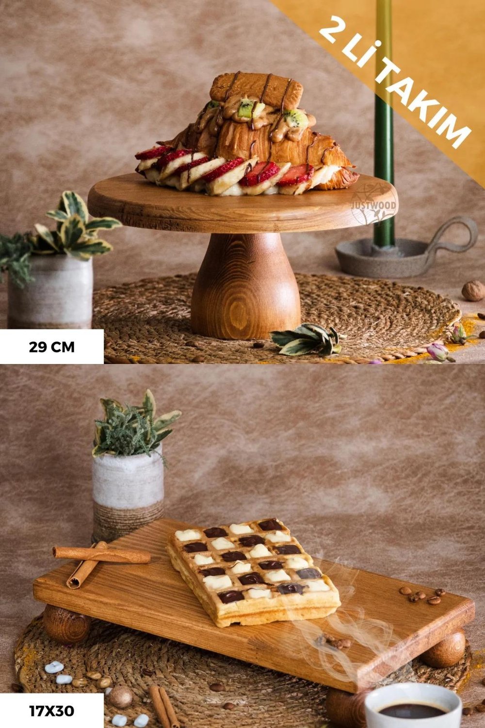 2 Li 29/12 Lucca  Ve 17x30 Cm Risus Ahşap Dikdörtgen Pasta Sunum Servis Tabağı Seti