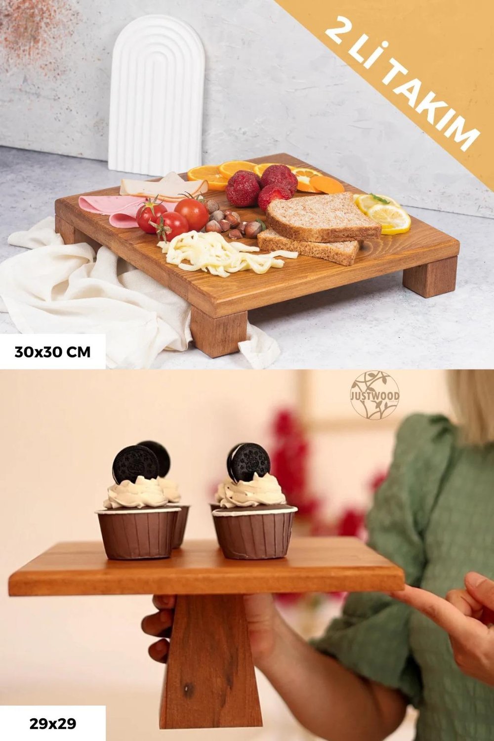2 li Tityos Küp Ayaklı 30x30 Cm Ve Piramit  29x29  Cm Ahşap  Kare Pasta Sunum Servis Tabağı Seti