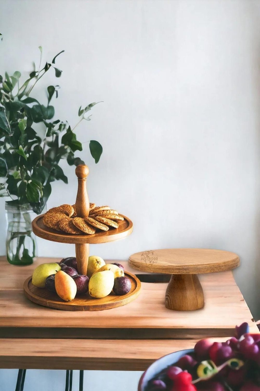 Justwood 2 Li 2 Katlı Kek Stantı Ve 25/10 Cm Lucca Ahşap Pasta Sunumluk Seti