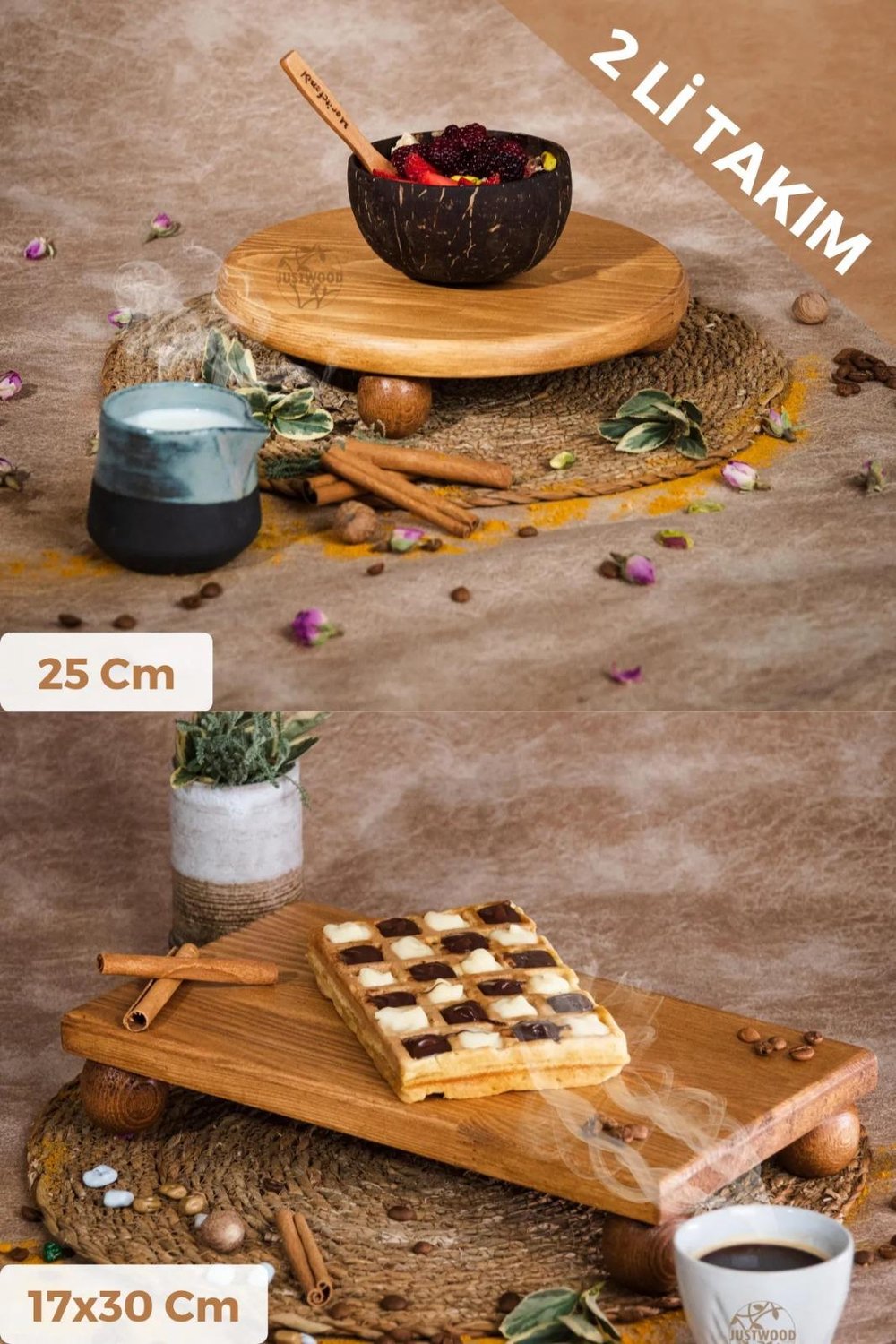 Justwood 2 Li Risus Top Ayaklı 25 Cm Ve 17x30 Cm Ahşap Dikdörtgen Pasta Sunum Servis Tabağı Seti
