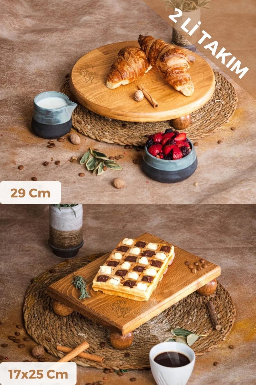 Justwood 2 Li Risus Top Ayaklı 29 Cm Ve 17x25 Cm Ahşap Dikdörtgen Pasta Sunum Servis Tabağı Seti