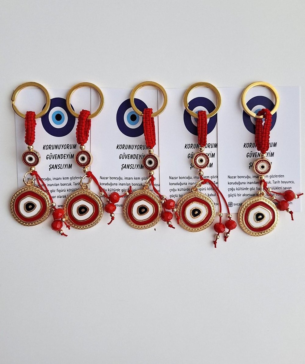 Hediyelik 5'li Nazar Boncuklu Modern Anahtarlık - Kırmızı 10,5 cm