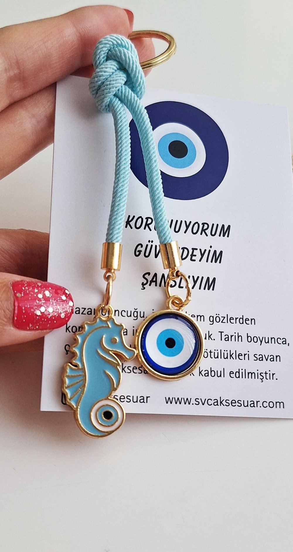Hediyelik Çift Nazar Boncuklu Açık Mavi Şans Denizatı Anahtarlık 10,5 cm