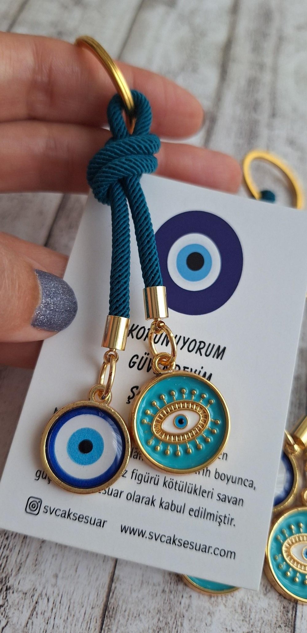Hediyelik Çift Nazar Boncuklu Turkuaz Anahtarlık 10,5 cm