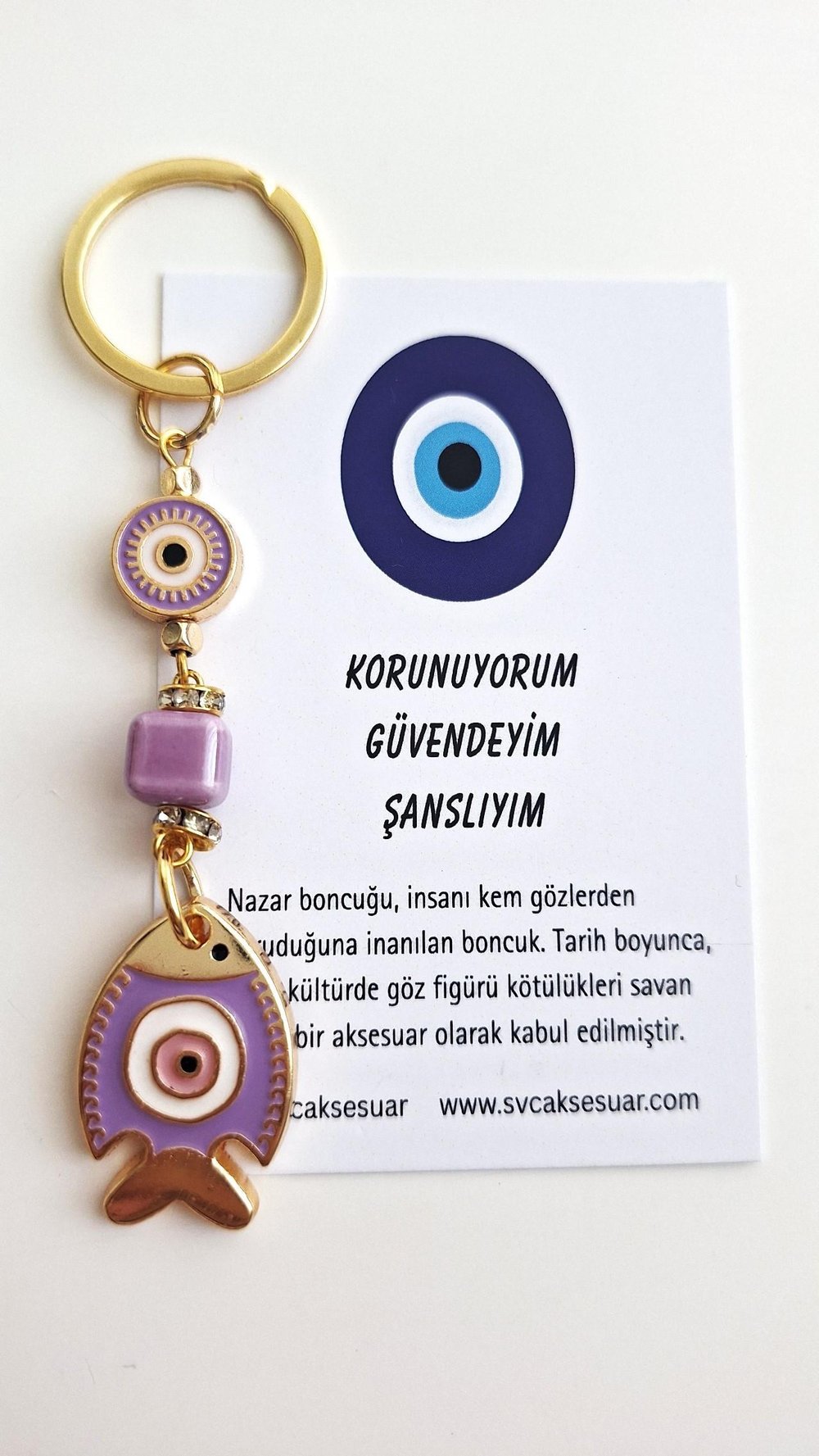 Hediyelik Nazar Boncuklu Şans Balık Anahtarlık - Mor 10 cm
