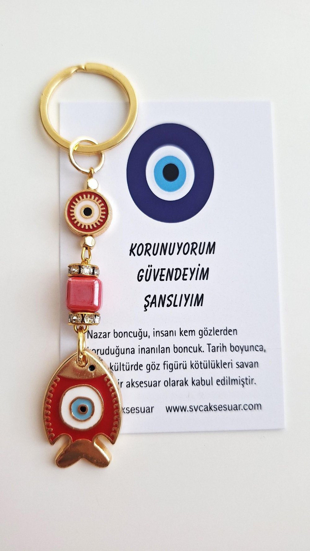 Hediyelik Nazar Boncuklu Şans Balık Anahtarlık- Kırmızı 10 cm
