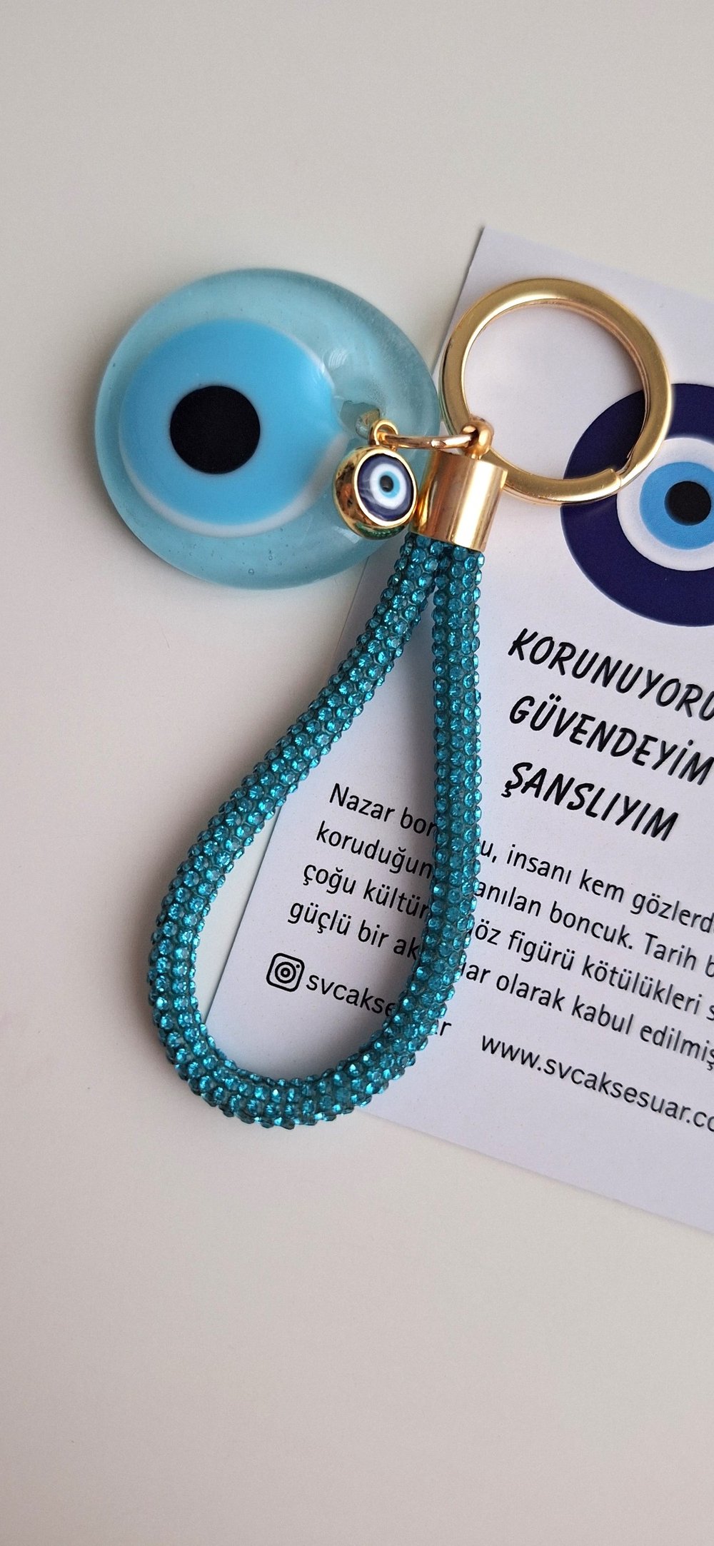 Hediyelik Zirkon Taşlı Nazar Boncuklu Anahtarlık - Turkuaz - 12 cm