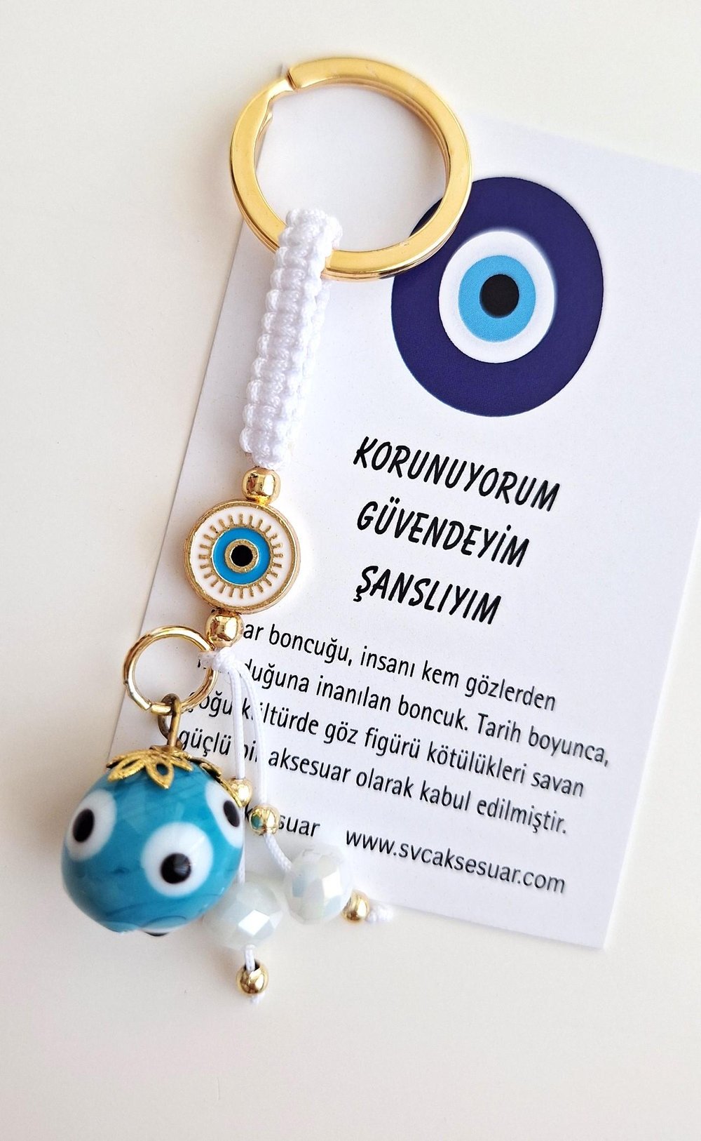 Lüks Hediyelik Nazzar Boncuklu Şans Anahtarlık - Beyaz 10,5 cm