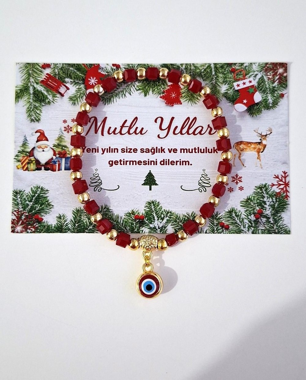 Yeni Yıl Hediyelik Kristal Taşlı Nazar Boncuklu Kırmızı Bileklik