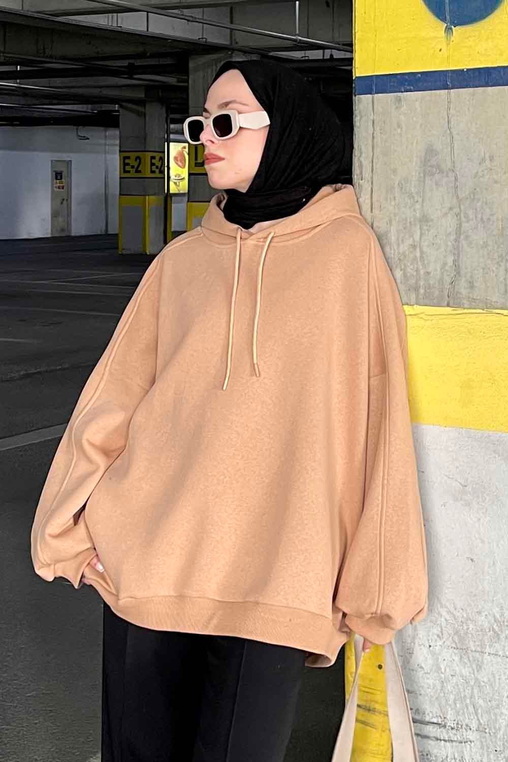 Kapüşonlu Oversize Yan Cepli Sweat Sütlü Kahve