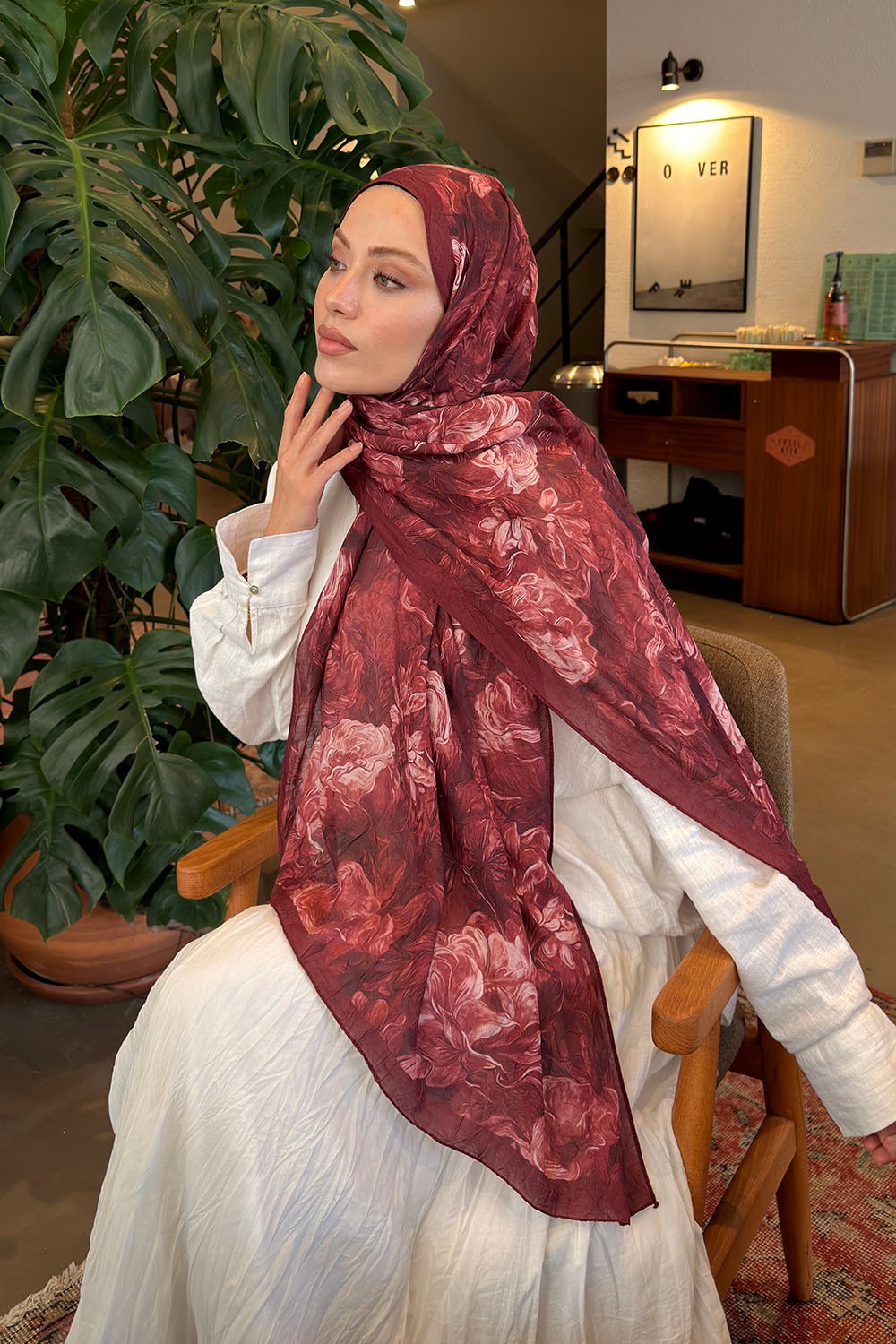 Vintage Flower Desen Bambu Şal Koyu Bordo