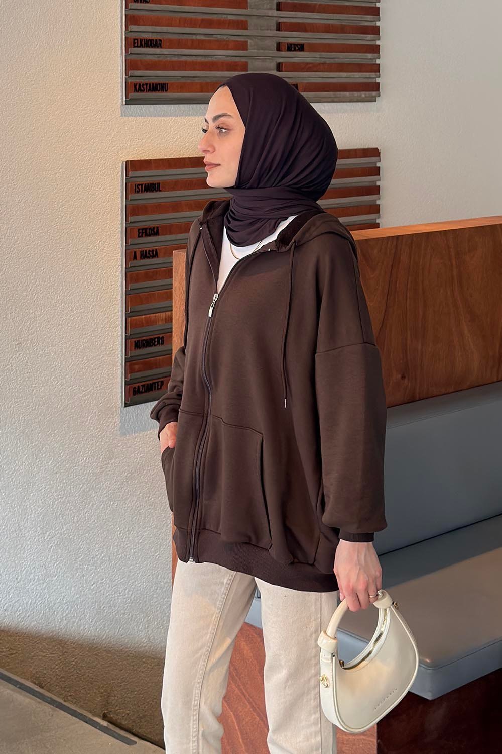 Kapüşonlu Fermuarlı Sweatshirt Hırka Kahverengi