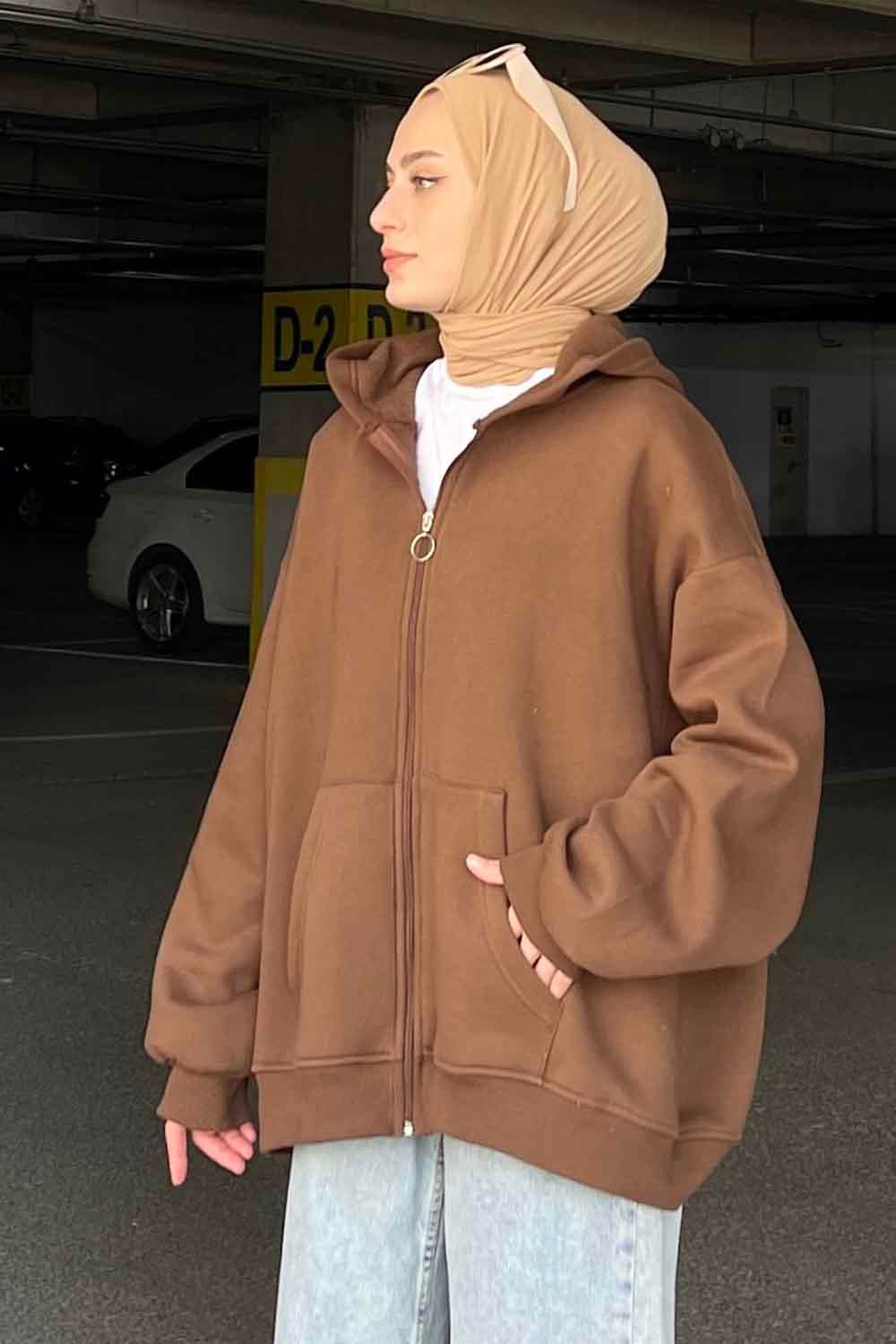 Kapüşonlu Oversize Yan Cepli Sweat Acı Kahverengi