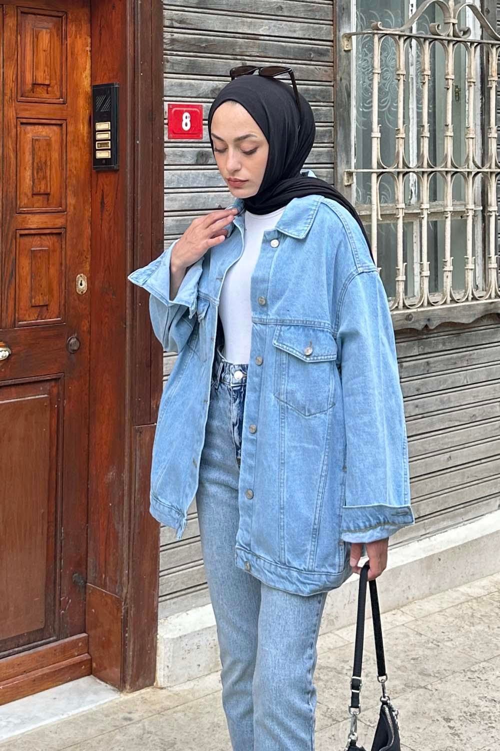 Çift Cepli Oversize Ceket Buz Mavisi