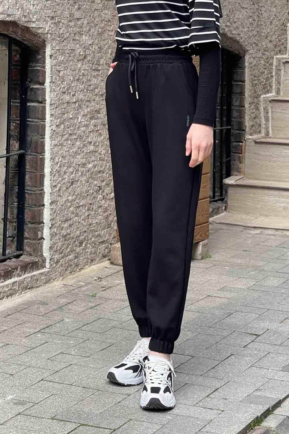Modal Kumaş Paça Lastik Detay Eşofman Siyah