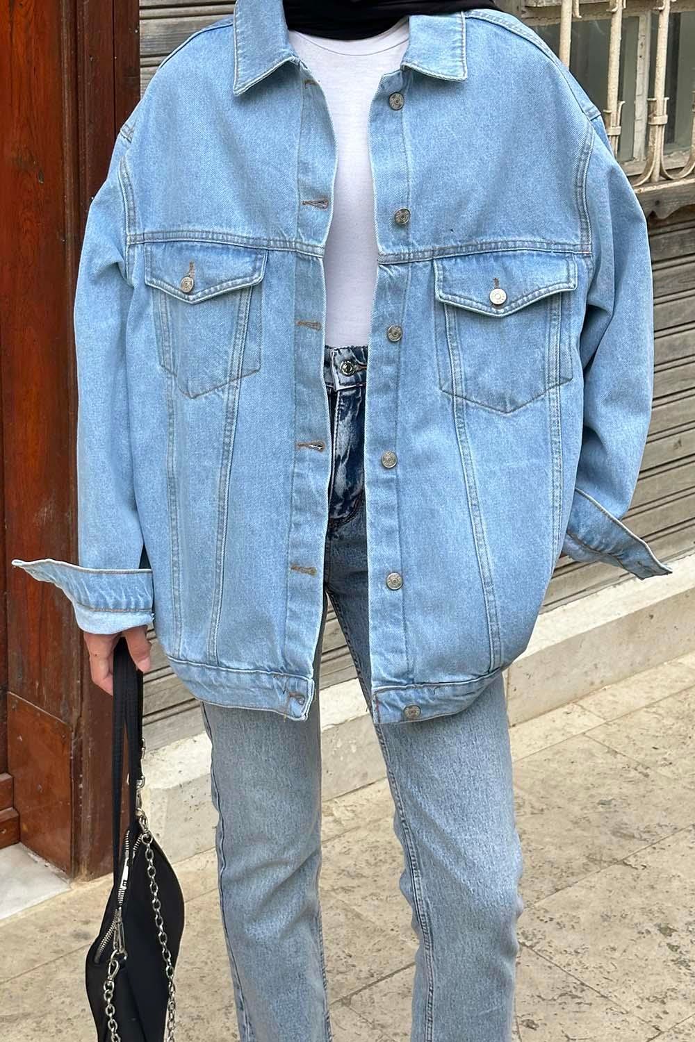 Çift Cepli Oversize Ceket Buz Mavisi
