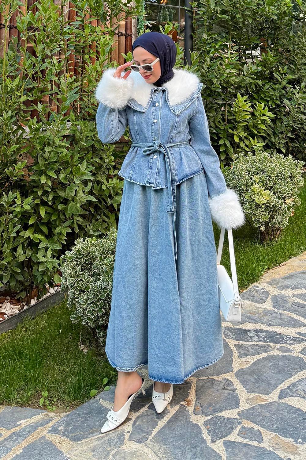 Kürk Detaylı Denim Takım Kot Mavi