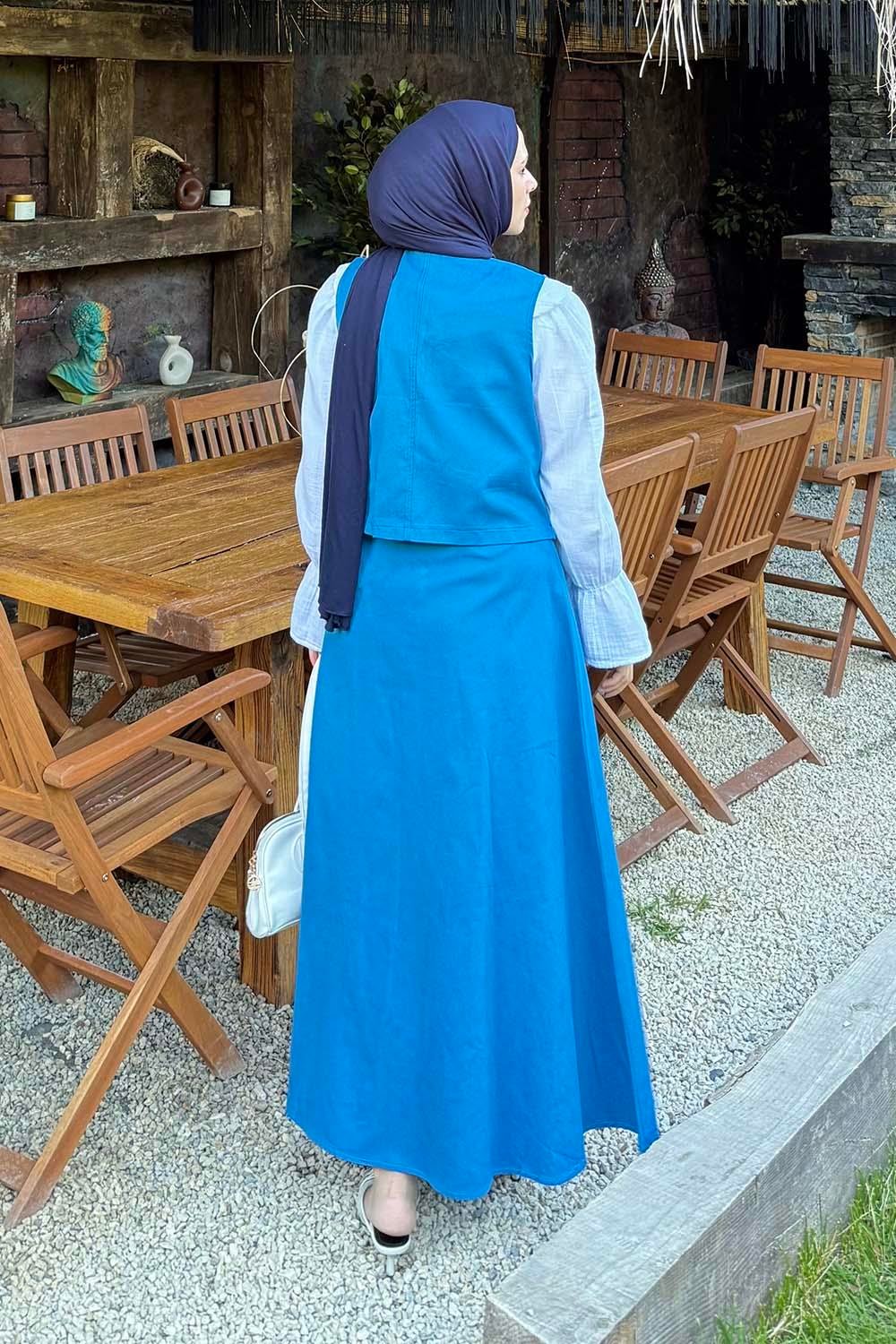 Gabardin Yelek-Etek İkili Tesettür Takım Mavi