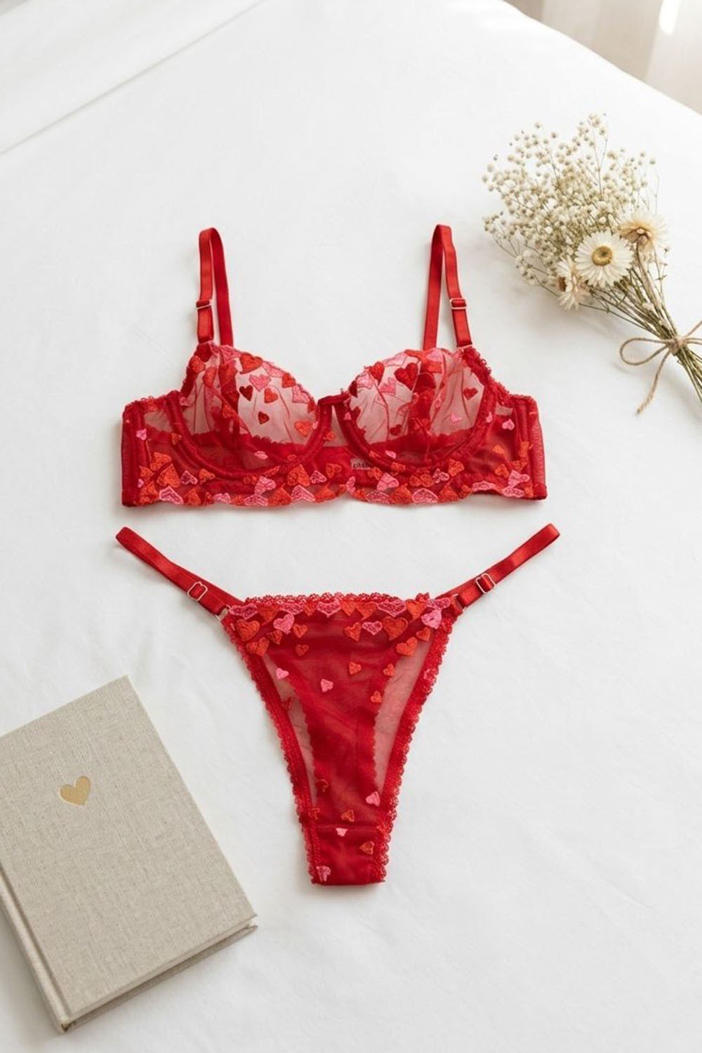 Kalp Desen Bralet Takım Sütyen Takımı Kırmızı