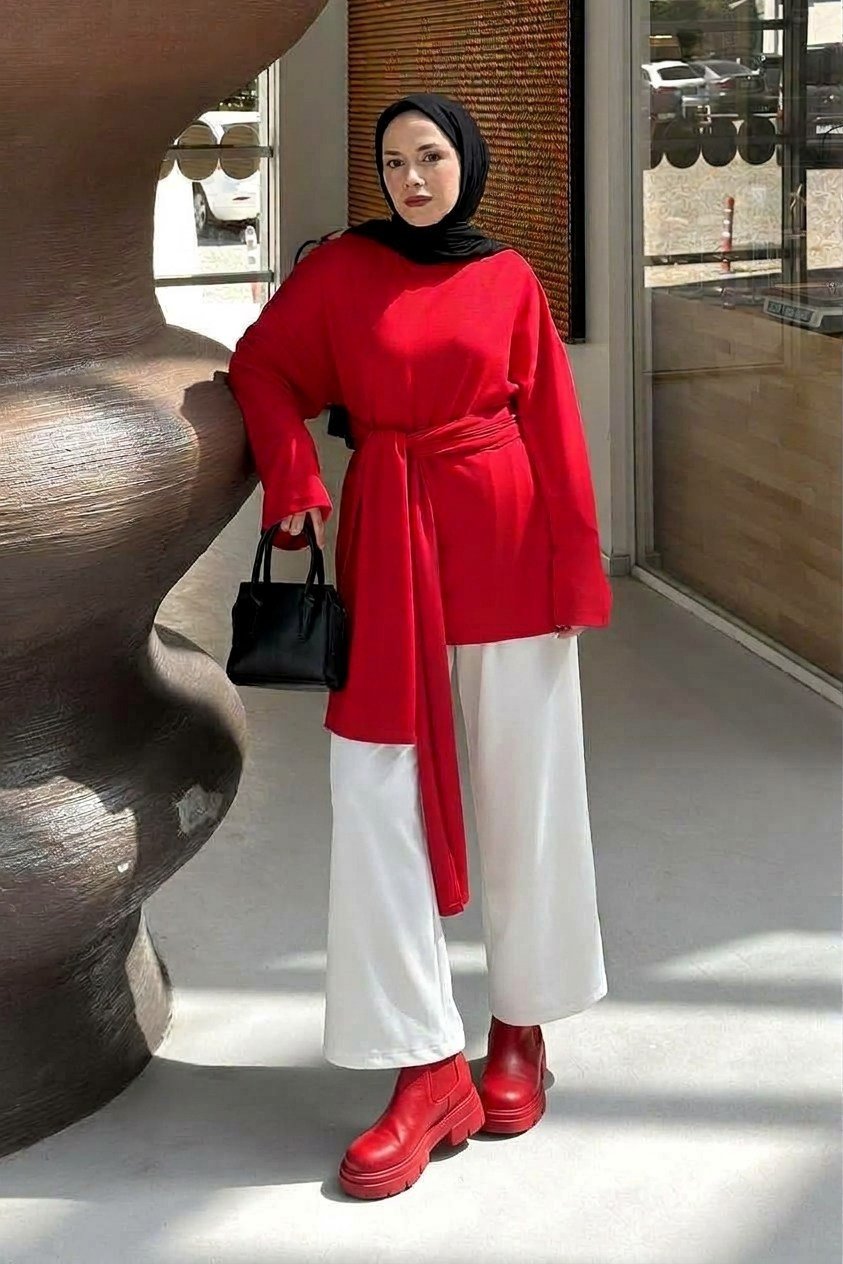 Kemer Bağlamalı Tunik Kırmızı