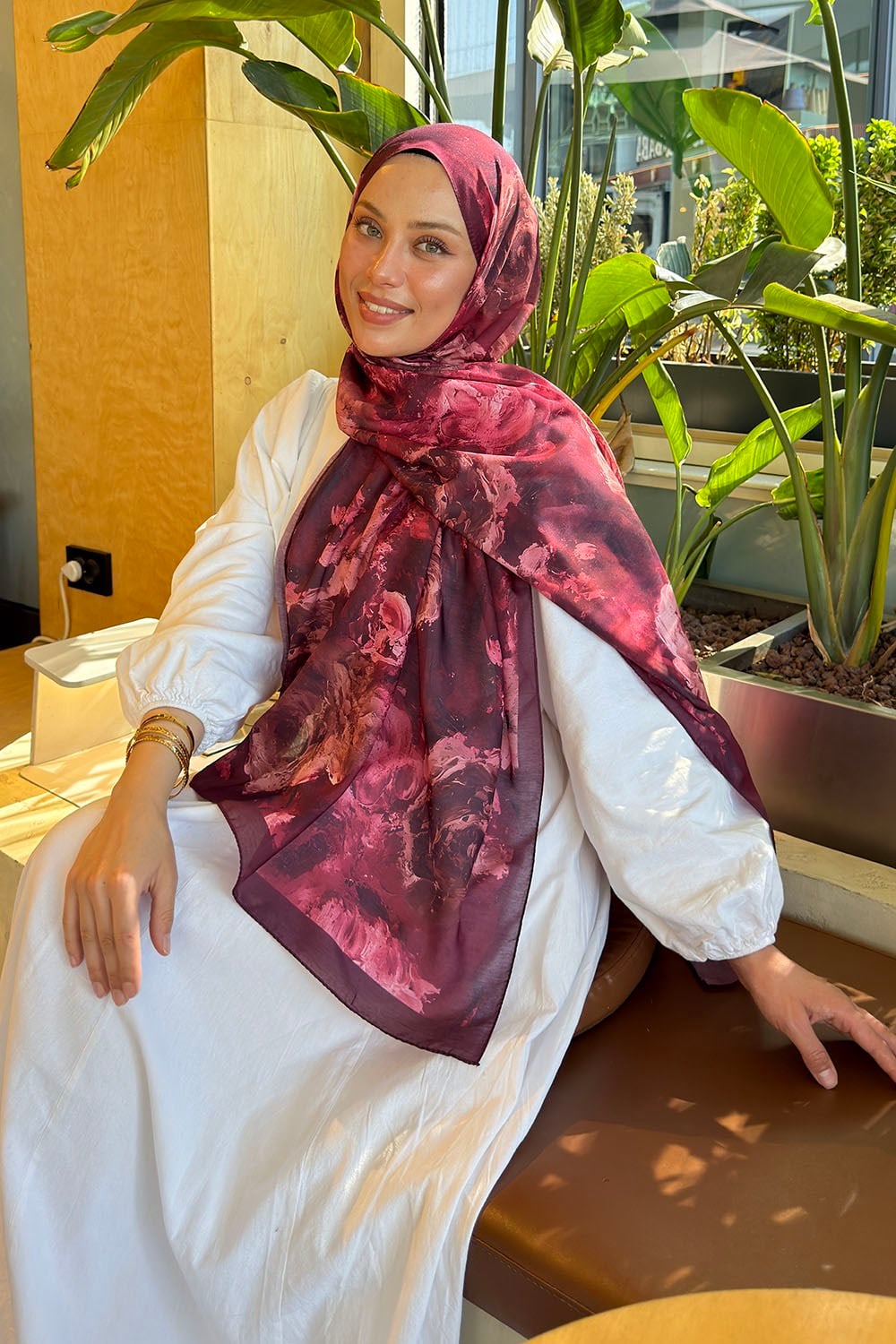 Gül Çiçek Desen Lara Soft Şal Bordo