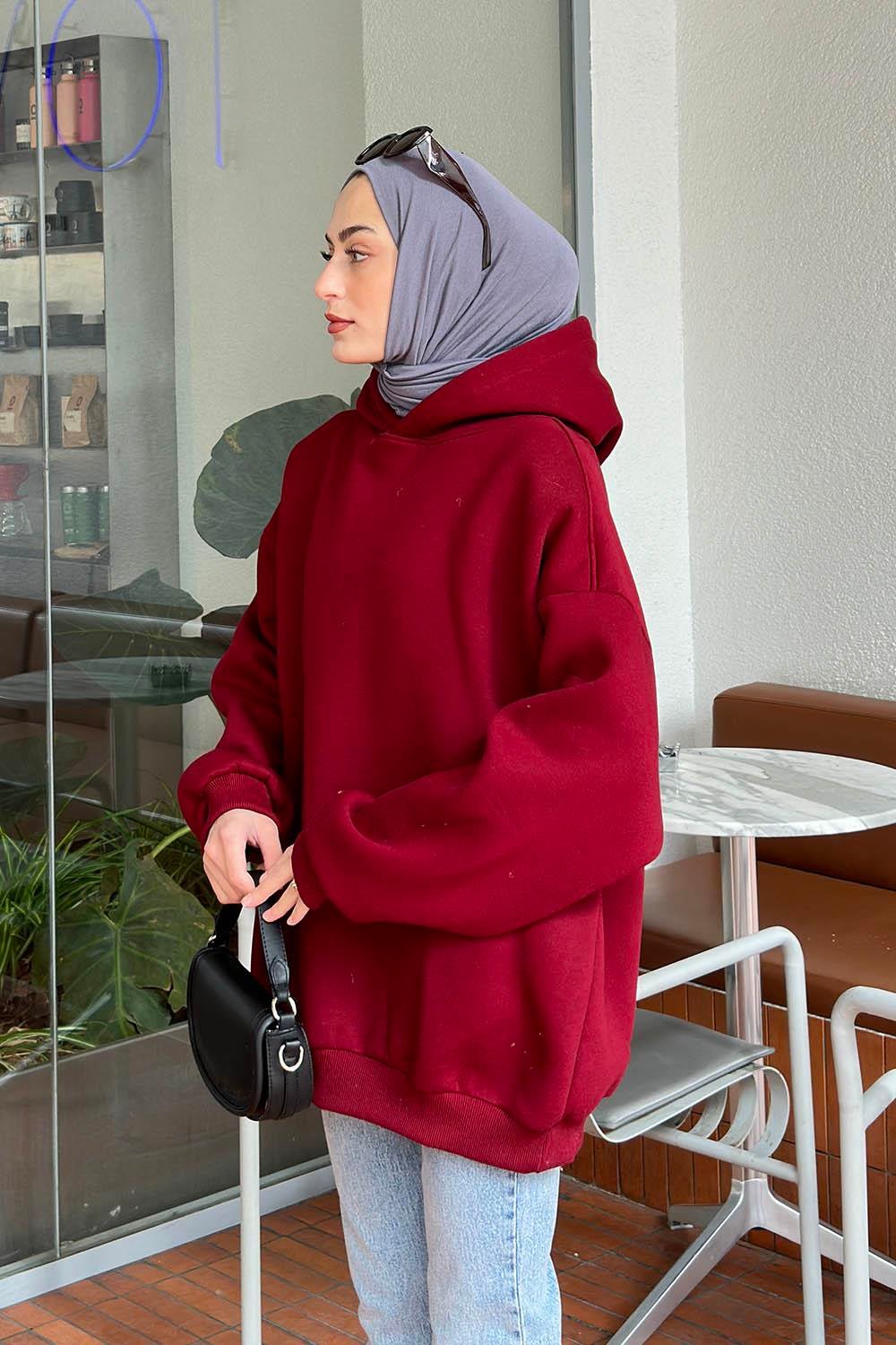 Kapüşonlu Salaş Sweatshirt Bordo